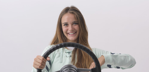 Serene woman driving an invisible car