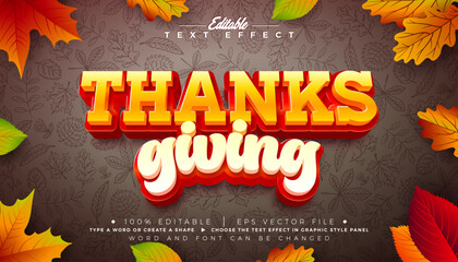 Thanksgiving Editable Text Effect Design with Autumnal Falling Leaves and Typography Lettering Graphic Style with Shadow on Hand Drawn Doodle Background. Vector Traditional Seasonal Holiday