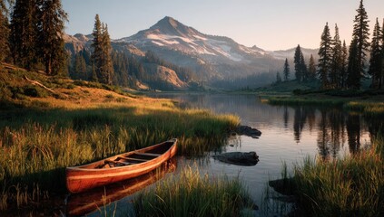 Obraz premium Peaceful lake scene, canoe, mountain sunrise