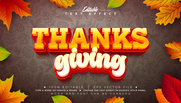 Thanksgiving Editable Text Effect Design with Autumnal Falling Leaves and Typography Lettering Graphic Style with Shadow on Hand Drawn Doodle Background. Vector Traditional Seasonal Holiday - Powered by Adobe