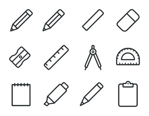 Drawing Tools Icons. Outline icon set of drawing essentials: pencil, colored pencil, charcoal stick, eraser,