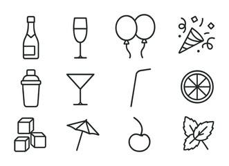 Party Cocktail Icons. Outline icon set of party cocktails: champagne bottle, flute glass, balloons, confetti,