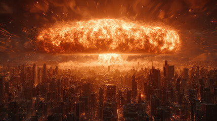 Fototapeta premium City Under Siege: A fiery explosion erupts dramatically over a sprawling cityscape, the ominous mushroom cloud casting a shadow of destruction over the towering buildings.