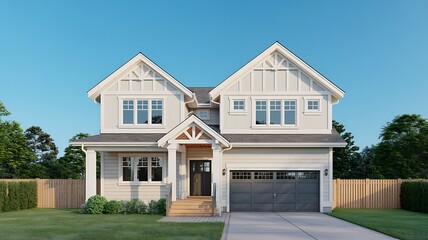 Modern farmhouse style two story residential home with gable roofs and attached garage under a clear blue sky