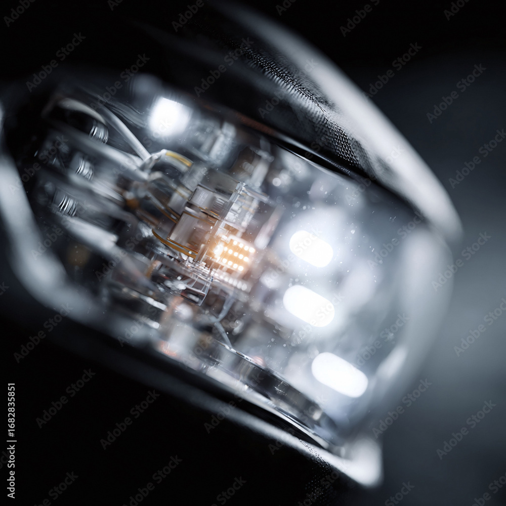 Poster futuristic tech closeup. glowing elements suggest artificial intelligence, robotics, or innovation. 