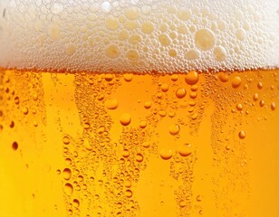 Golden liquid with rising bubbles capped by white foam in a clear container; a close-up shot revealing carbonation