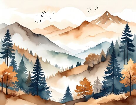 A watercolor landscape depicts hazy, layered mountains in muted browns, greens, and blues, with tall evergreen trees in the foreground, and birds overhead