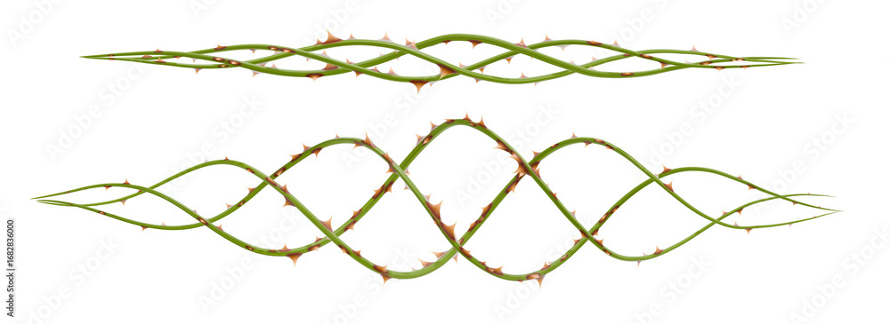Poster a complex 3d render of a gracefully tapering, thorny vine. its interwoven design and vibrant colors 