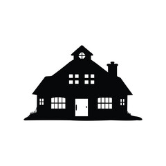 Silhouette of a two story house with a chimney and grass foreground, farmhouse silhouette vector illustration