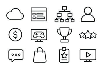 Esports Platform Icons. Outline icon set of online esports platforms: cloud icon, leaderboard, tournament