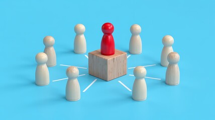 Obraz premium Red leader stands out from a group of white figures connected by lines on a blue background representing teamwork and hierarchy