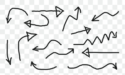 hand drawn sketch pencil drawing many different arrow element set, graphic vector pen scribble icons isolated on white or transparent