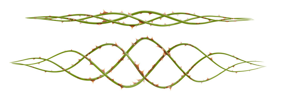 A complex 3D render of a gracefully tapering, thorny vine. Its interwoven design and vibrant colors create a compelling abstract sculpture.