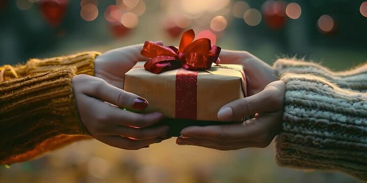 Hands exchanging Valentine's gifts.