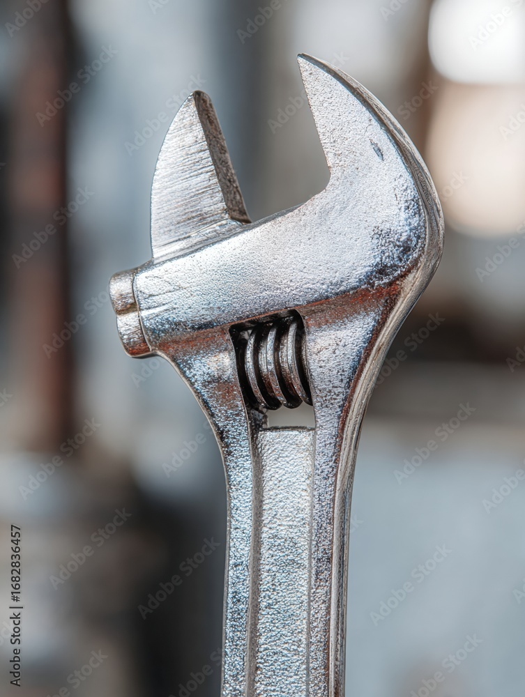 Aufkleber close-up of a shiny adjustable wrench resting on a workbench in a workshop during daylight hours sho