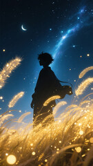 Fototapeta premium The young man turned his side to look back, and his silhouette was formed by golden particles among the grass waves.