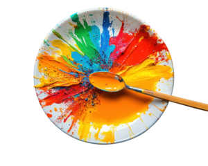 A vibrant and artistic presentation of colorful paint splatters arranged on a white plate with a spoon against a black background ready for png isolated on transparent background usage
