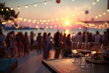 Beach party at sunset. Blurry silhouettes of people enjoying the warm evening