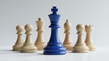 Dominant blue king chess piece stands tall surrounded by white pawns and bishops symbolizing leadership and strategy