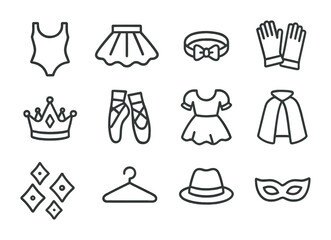 Dance Costume Icons. Outline icon set of dance costumes: leotard, tutu, headband, gloves, crown, shoes, dress,
