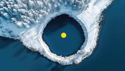 Winter lake crater, snow-covered shore,  yellow dot