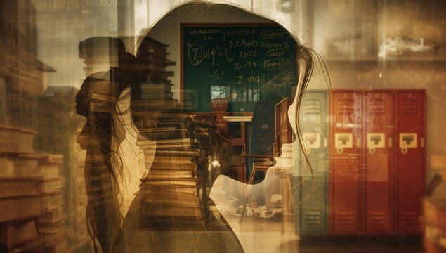Merging student silhouette with book stacks, chalkboard equations and red lockers at school
