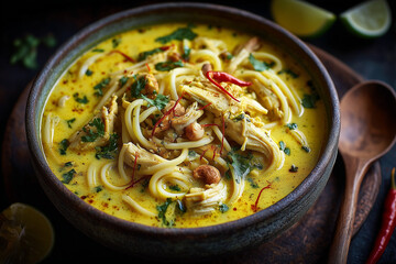 Vibrant and Detailed Close-Up of Creamy Coconut and Turmeric Chicken Noodle Soup, a Delicious and Flavorful Asian Meal