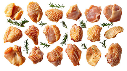 Delicious raw chicken thighs with rosemary sprigs arranged on a seamless black backdrop perfect for culinary design projects png isolated on transparent background.