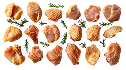 Delicious raw chicken thighs with rosemary sprigs arranged on a seamless black backdrop perfect for culinary design projects png isolated on transparent background.