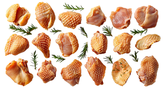 Delicious raw chicken thighs with rosemary sprigs arranged on a seamless black backdrop perfect for culinary design projects png isolated on transparent background.