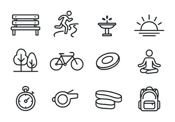 Outdoor Fitness Icons. Outline icon set of outdoor group fitness: park bench, running path, water fountain,