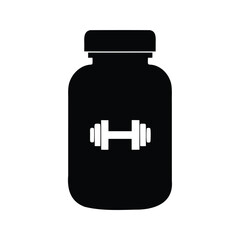 Obraz premium Black and white protein powder container with dumbbell symbol, fitness enhancement, iron supplement bottle silhouette vector illustration