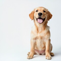 A playful golden retriever puppy sitting on a white background, with a cheerful expression and ample copy space for branding messages ,