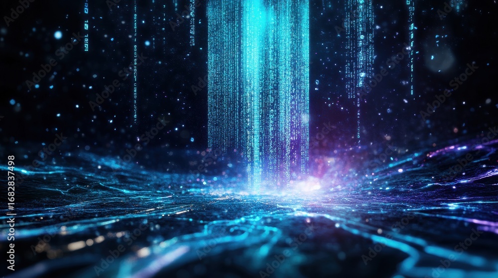Poster abstract digital data with glowing particles in dark environment