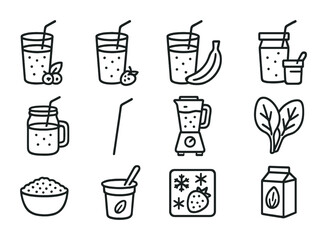Wellness Smoothie Icons. Outline icon set of wellness smoothies: green smoothie, berry smoothie, banana shake,