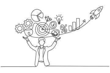 One Line Drawing of Businessman with Growth Chart | Minimalist Success Vector
