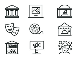 Urban Culture Icons. Outline icon set of urban cultural life: museum, art gallery, concert hall, theater mask,