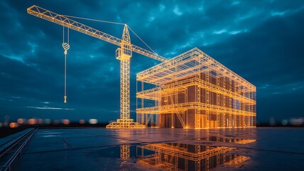 Futuristic architectural blueprint of a modern building construction site with a towering crane illuminated at night