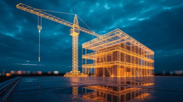 Futuristic architectural blueprint of a modern building construction site with a towering crane illuminated at night - Powered by Adobe