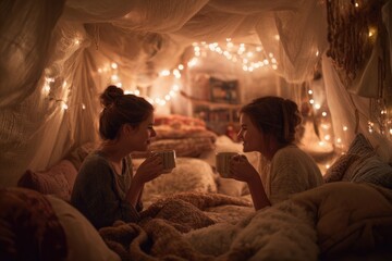 a playful indoor blanket fort with fairy lights, pillows, and two friends drinking hot tea