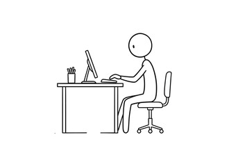 A stick figure sits at a desk with a computer and pen holder on it