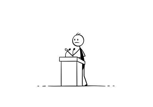A stick figure stands behind a podium with two microphones giving a speech
