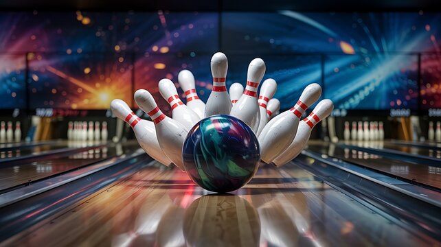 Dynamic bowling alley scene with a colorful bowling ball poised to strike a full rack of pins amidst blurred motion and vibrant lights