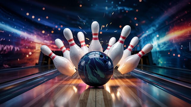 Dynamic bowling alley scene with a bowling ball about to strike pins under vibrant colorful spotlights and blurred background lights