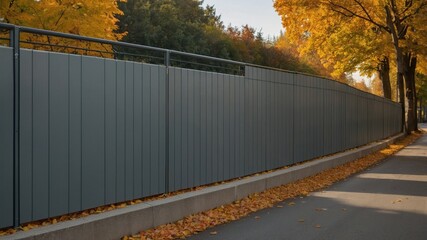 Modern noise barrier fence with soundproof panels installed along city road in autumn. Golden trees and fallen yellow leaves create urban comfort and privacy protection