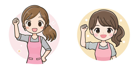Two animated young women with ponytails express joy and determination. They are wearing pink aprons and smiling while raising their fists, symbolizing victory and enthusiasm.