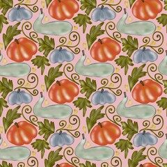 Pink Autumn Harvest Pumpkins and Gourds Seamless Pattern