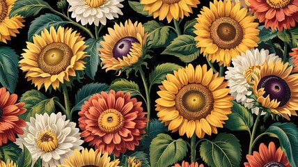 Vibrant close up of a dense field of blooming sunflowers and gerbera daisies in various shades of yellow orange and white against a dark background