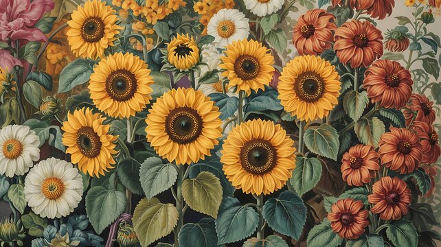 Vibrant summer garden bursting with sunflowers daisies and other colorful blooming flowers in full bloom - Powered by Adobe