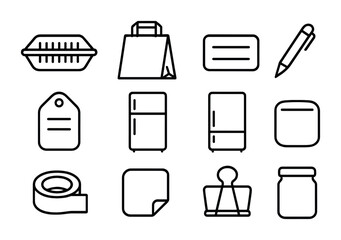 Takeout Icon Set. Outline icon set of takeout leftovers: plastic container, bag, label, pen, date tag, fridge,